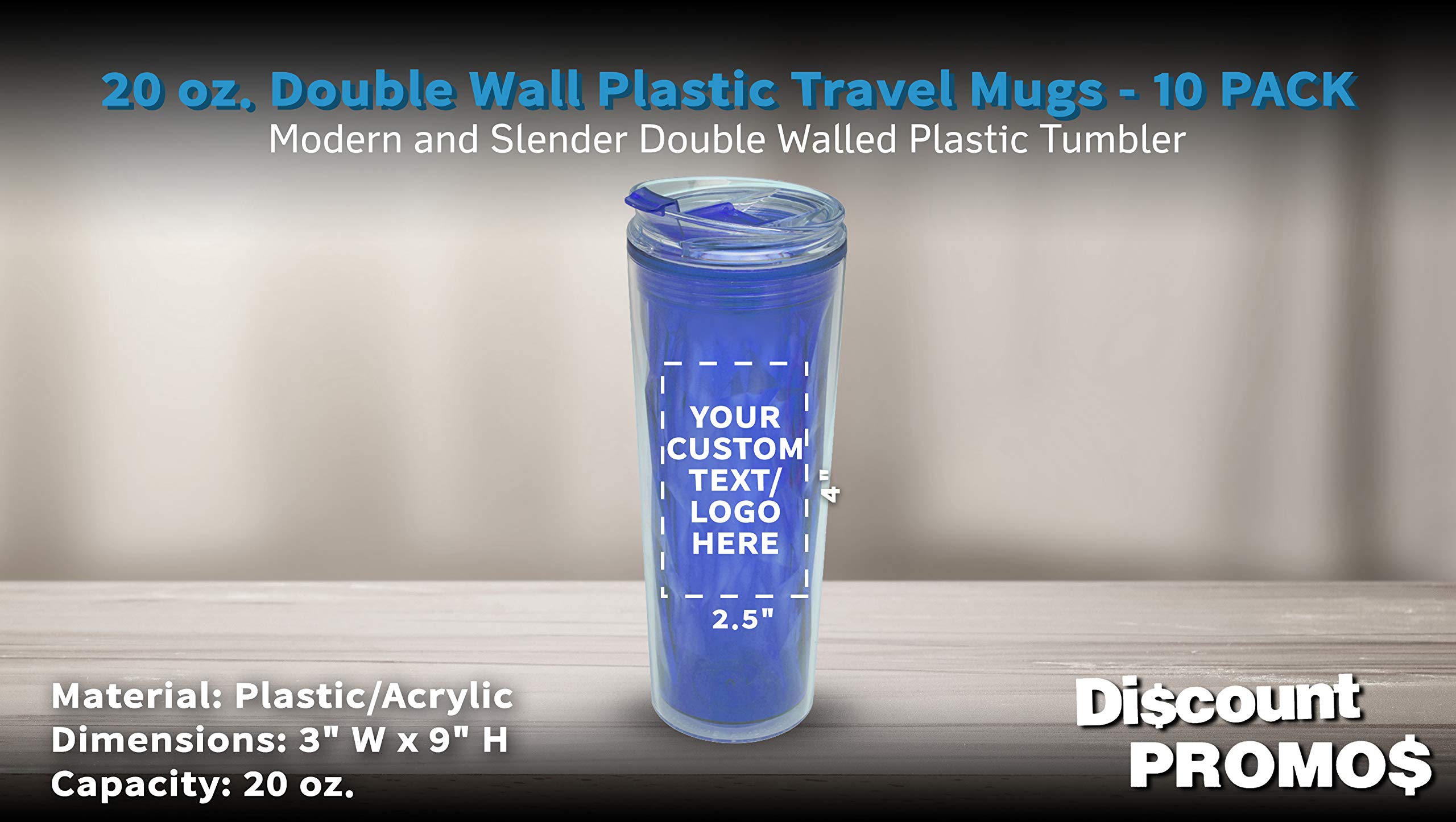 Personalized 20 oz. Double Wall Plastic Travel Mugs - 10 Pack - Custom Text, Logo - Blue