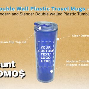 Personalized 20 oz. Double Wall Plastic Travel Mugs - 10 Pack - Custom Text, Logo - Blue