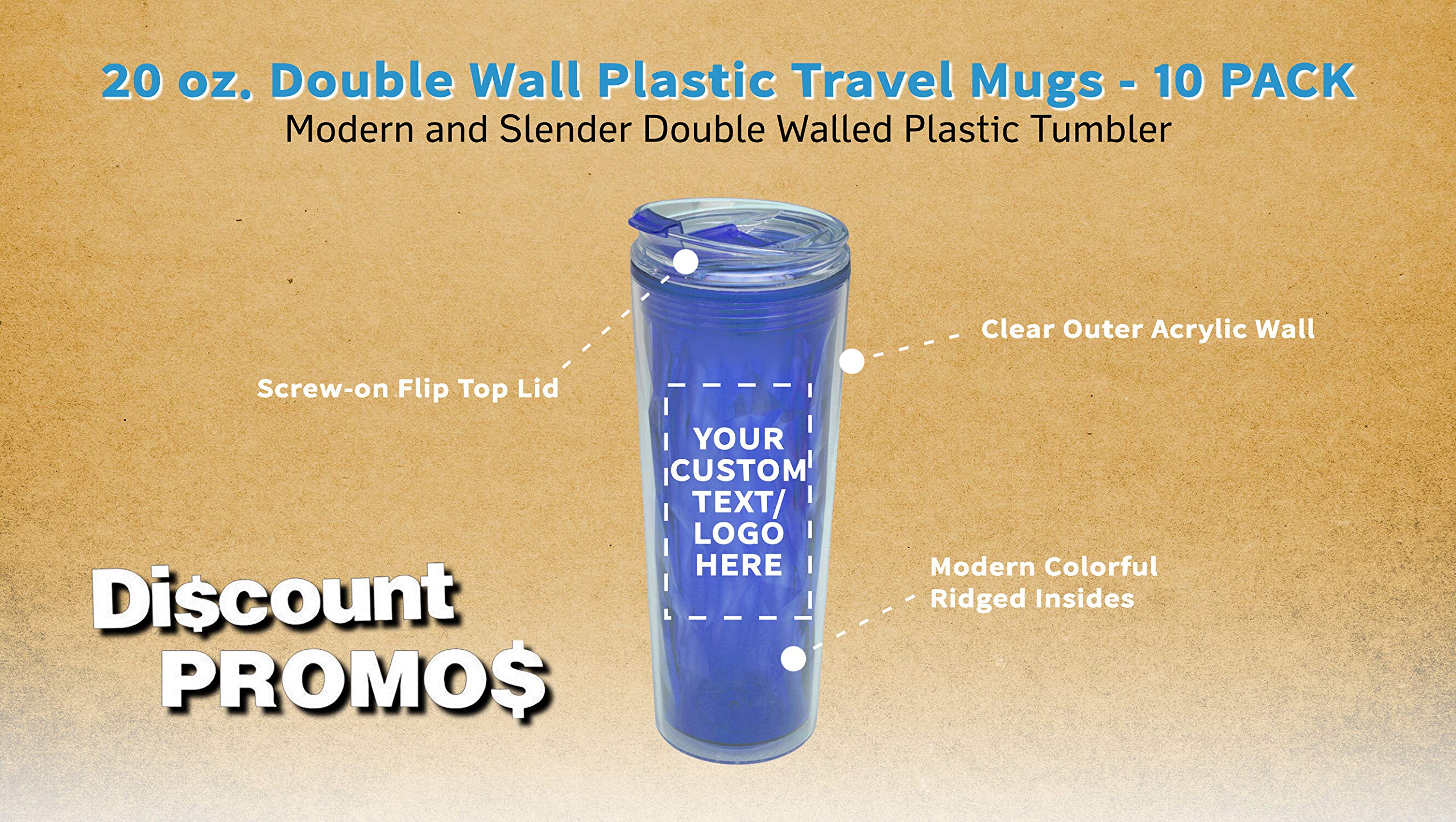 Personalized 20 oz. Double Wall Plastic Travel Mugs - 10 Pack - Custom Text, Logo - Blue