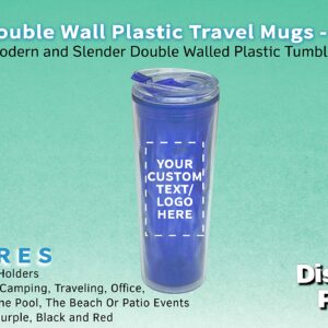 Personalized 20 oz. Double Wall Plastic Travel Mugs - 10 Pack - Custom Text, Logo - Blue