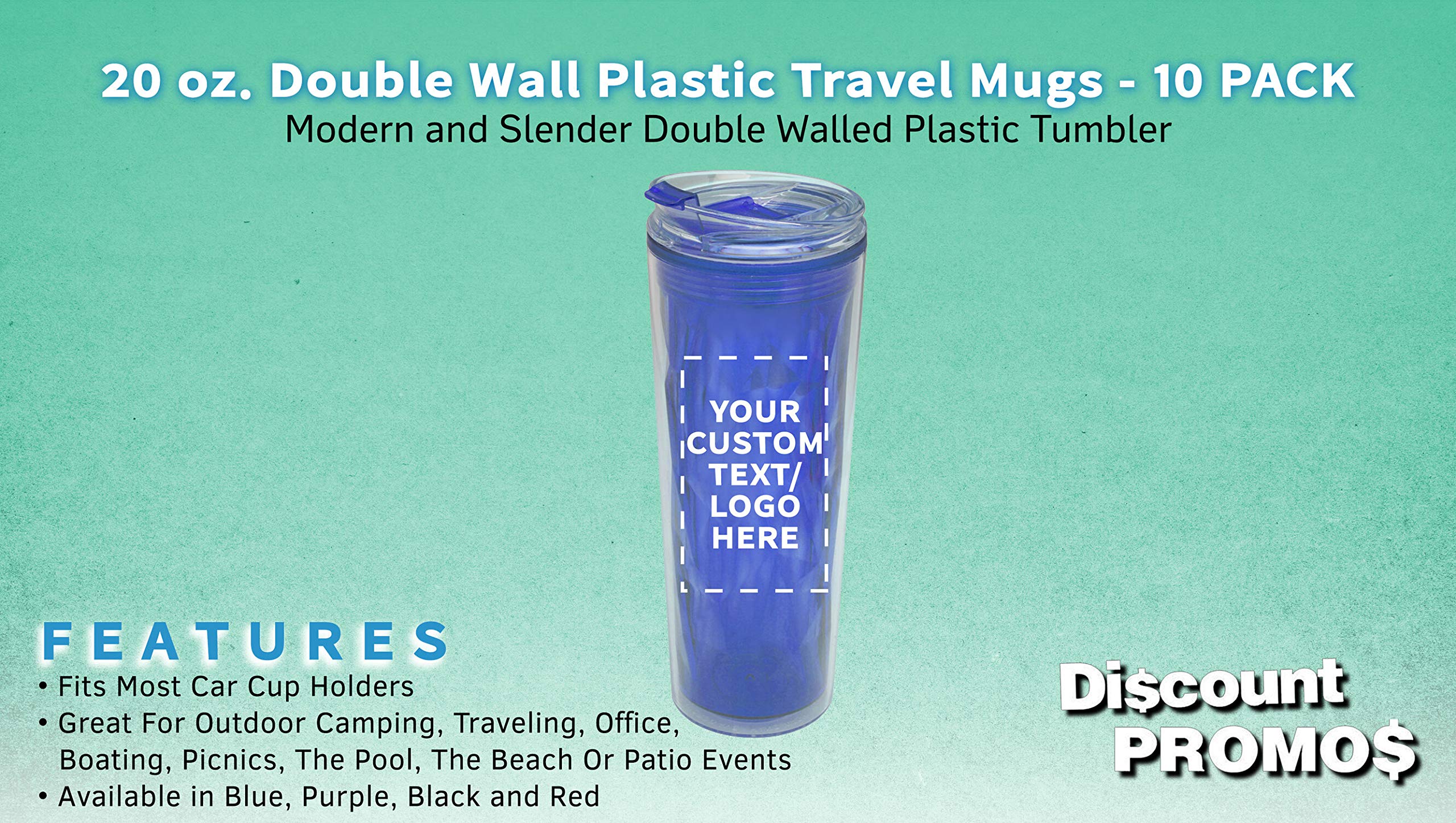 Personalized 20 oz. Double Wall Plastic Travel Mugs - 10 Pack - Custom Text, Logo - Blue