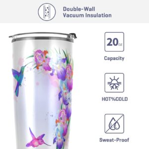 Bright Iris Flowers Hummingbirds Travel Mug Insulated Tumbler with Lid and Straw Spring Floral Beautiful Stainless Steel Vacuum Double Walled Drinking Cup Keeps Drinks Cold&Hot Water Bottle for Trave