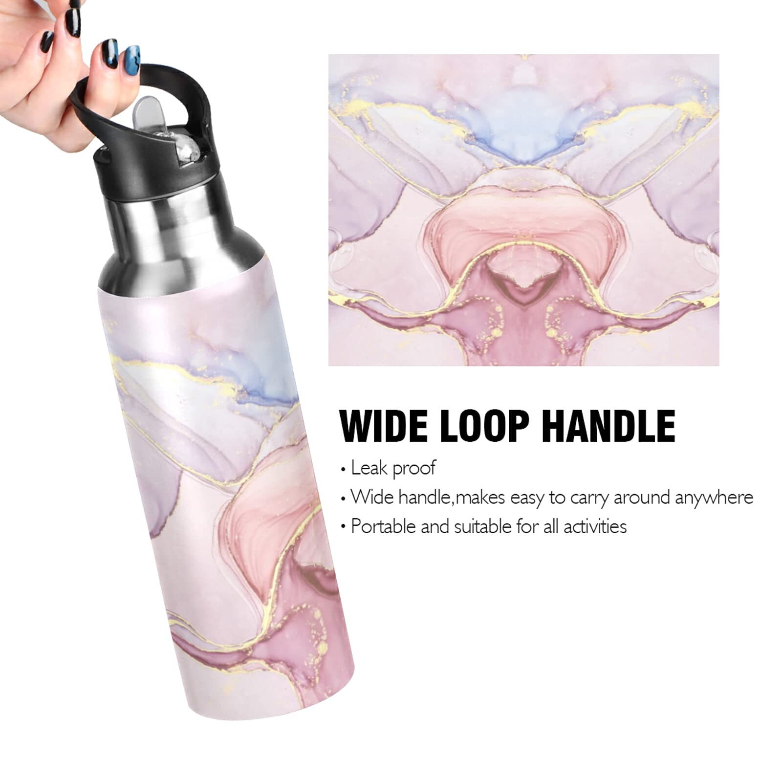 xigua 22oz Insulated Water Bottle Abstract Marble Pink Gold Stainless Steel Vacuum Cup with Straw Lid Leakproof Thermal Bottles for Sport Keep Cold/Warm