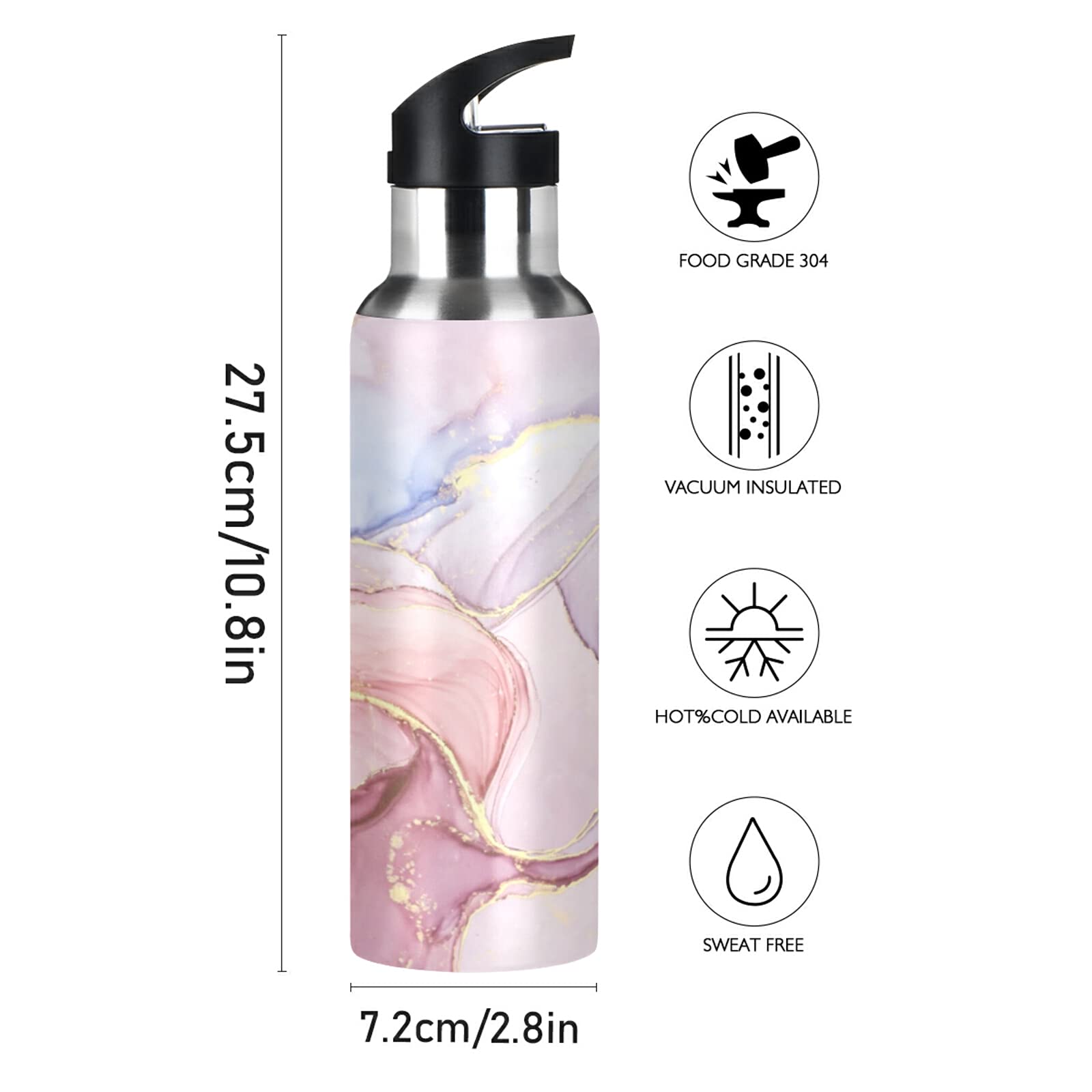 xigua 22oz Insulated Water Bottle Abstract Marble Pink Gold Stainless Steel Vacuum Cup with Straw Lid Leakproof Thermal Bottles for Sport Keep Cold/Warm