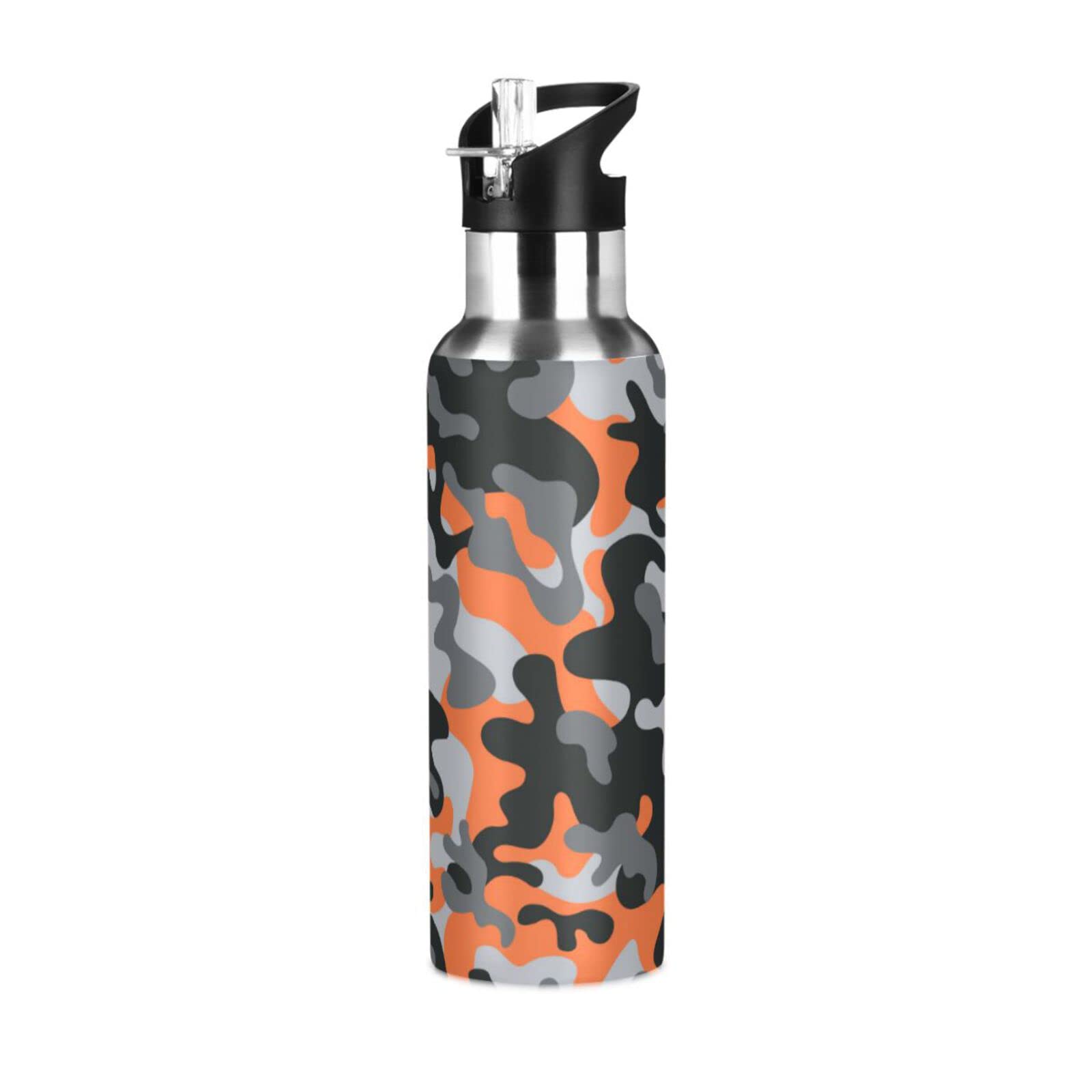 WELLDAY Water Bottle Orange Camouflage Double Wall Vacuum Insulated Flask Stainless Steel with Straw Lid 32oz
