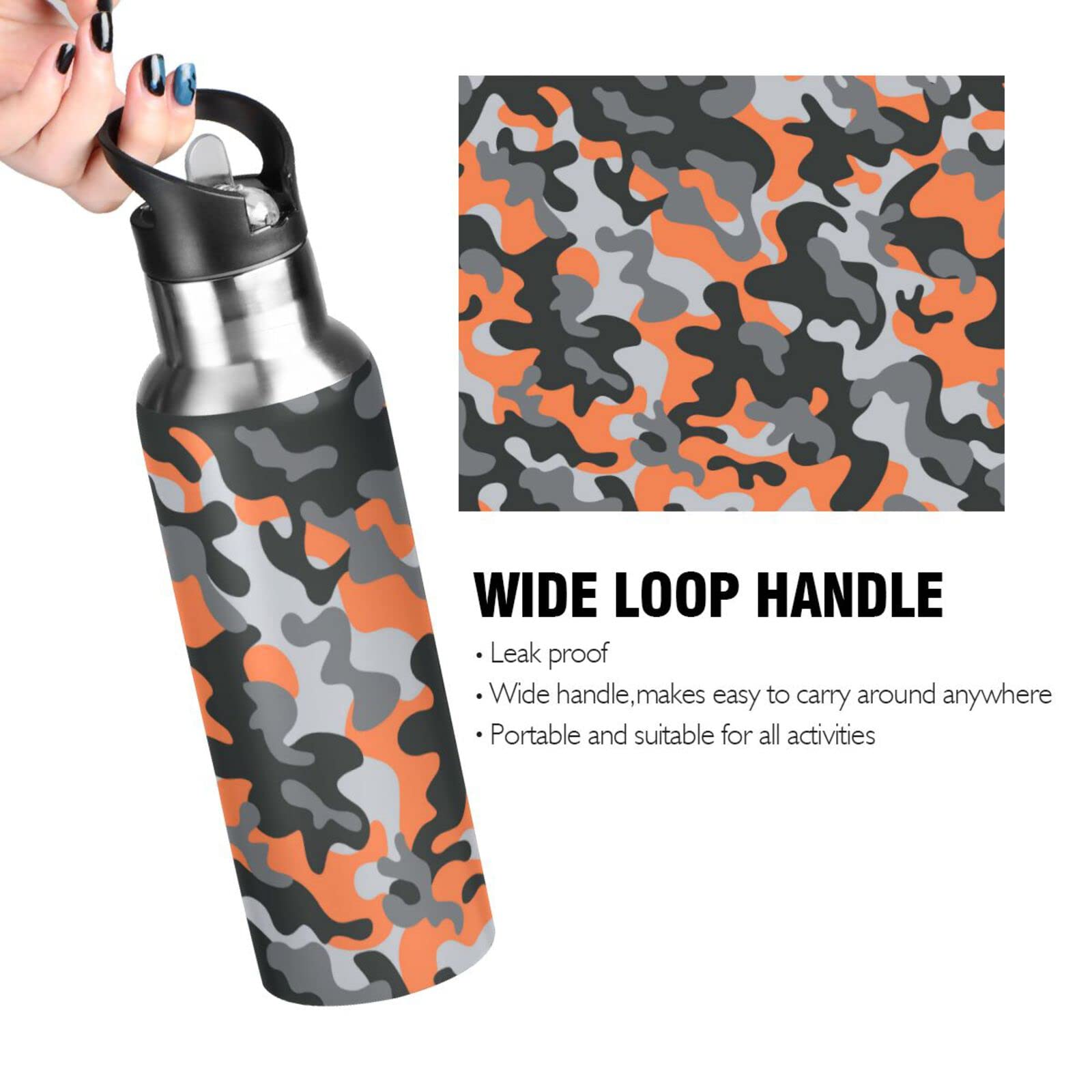 WELLDAY Water Bottle Orange Camouflage Double Wall Vacuum Insulated Flask Stainless Steel with Straw Lid 32oz