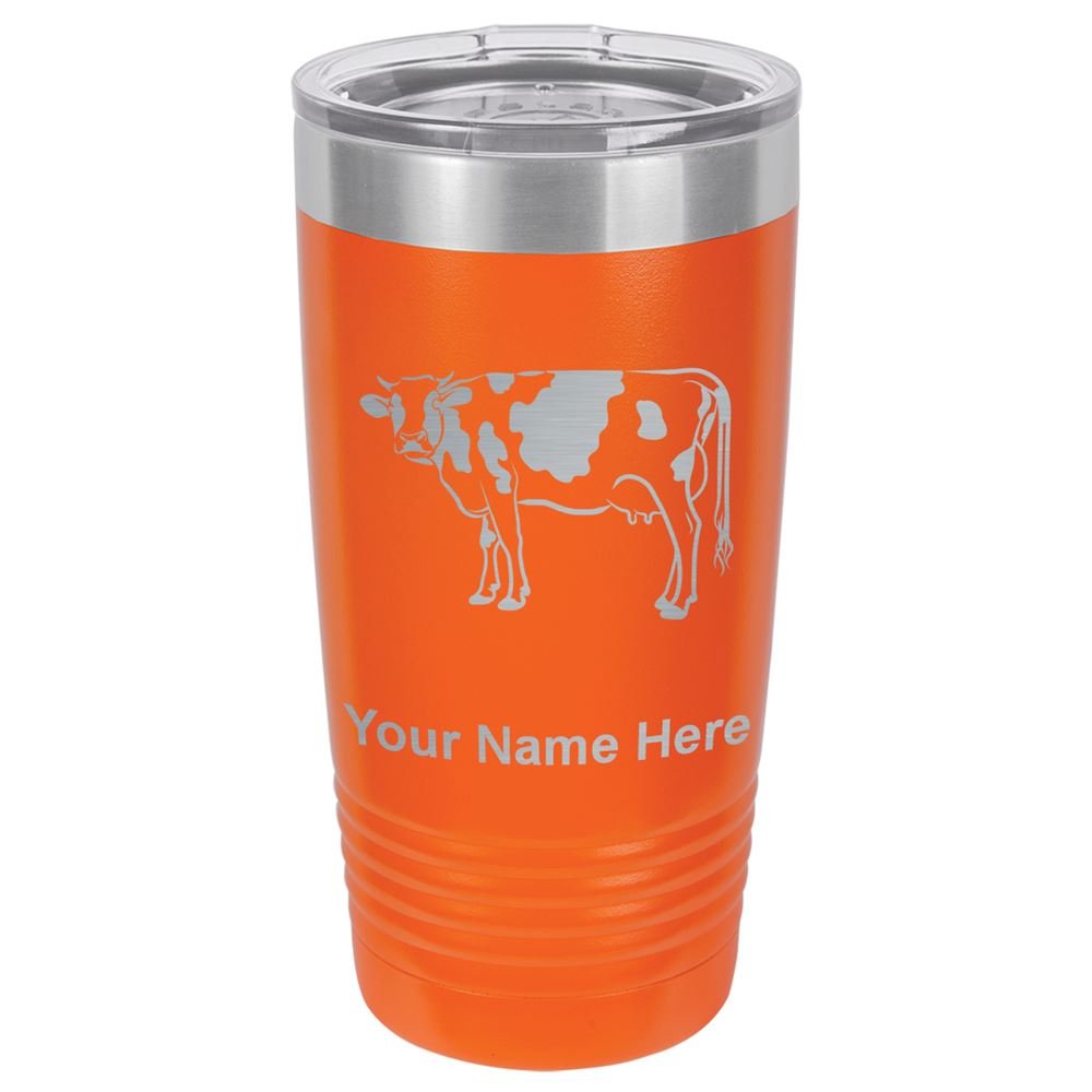 LaserGram 20oz Vacuum Insulated Tumbler Mug, Cow, Personalized Engraving Included (Orange)