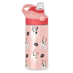alaza cartoon french bulldog kids water bottles with lids straw insulated stainless steel water bottles double walled leakproof tumbler travel cup for girls boys toddlers 12 oz / 350 ml,pink