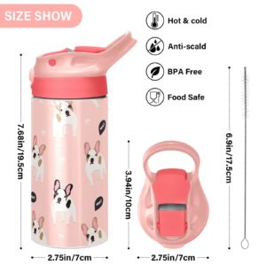 ALAZA Cartoon French Bulldog Kids Water Bottles with Lids Straw Insulated Stainless Steel Water Bottles Double Walled Leakproof Tumbler Travel Cup for Girls Boys Toddlers 12 oz / 350 ml,Pink