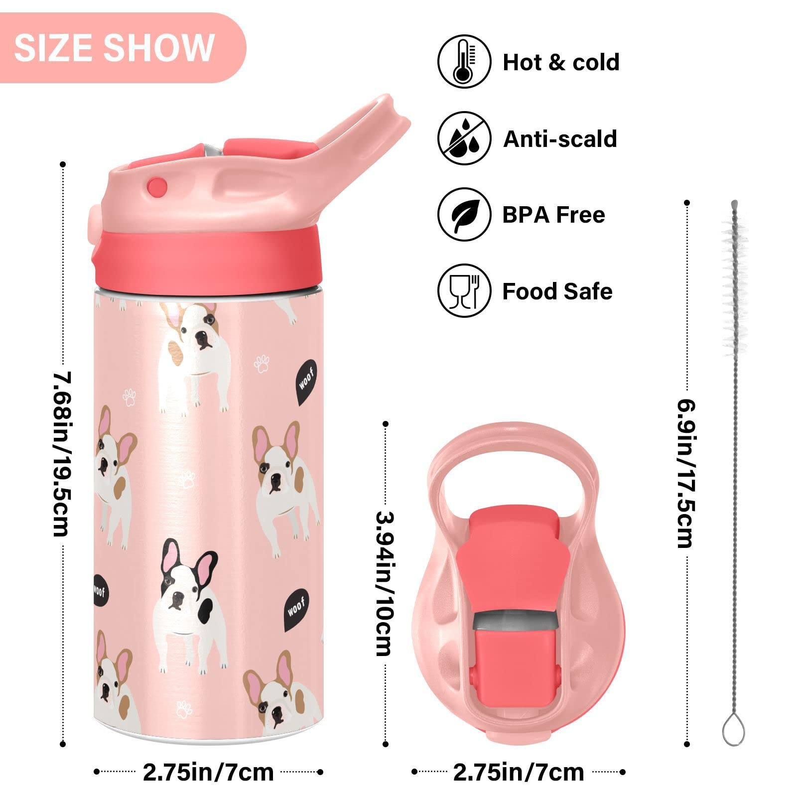 ALAZA Cartoon French Bulldog Kids Water Bottles with Lids Straw Insulated Stainless Steel Water Bottles Double Walled Leakproof Tumbler Travel Cup for Girls Boys Toddlers 12 oz / 350 ml,Pink