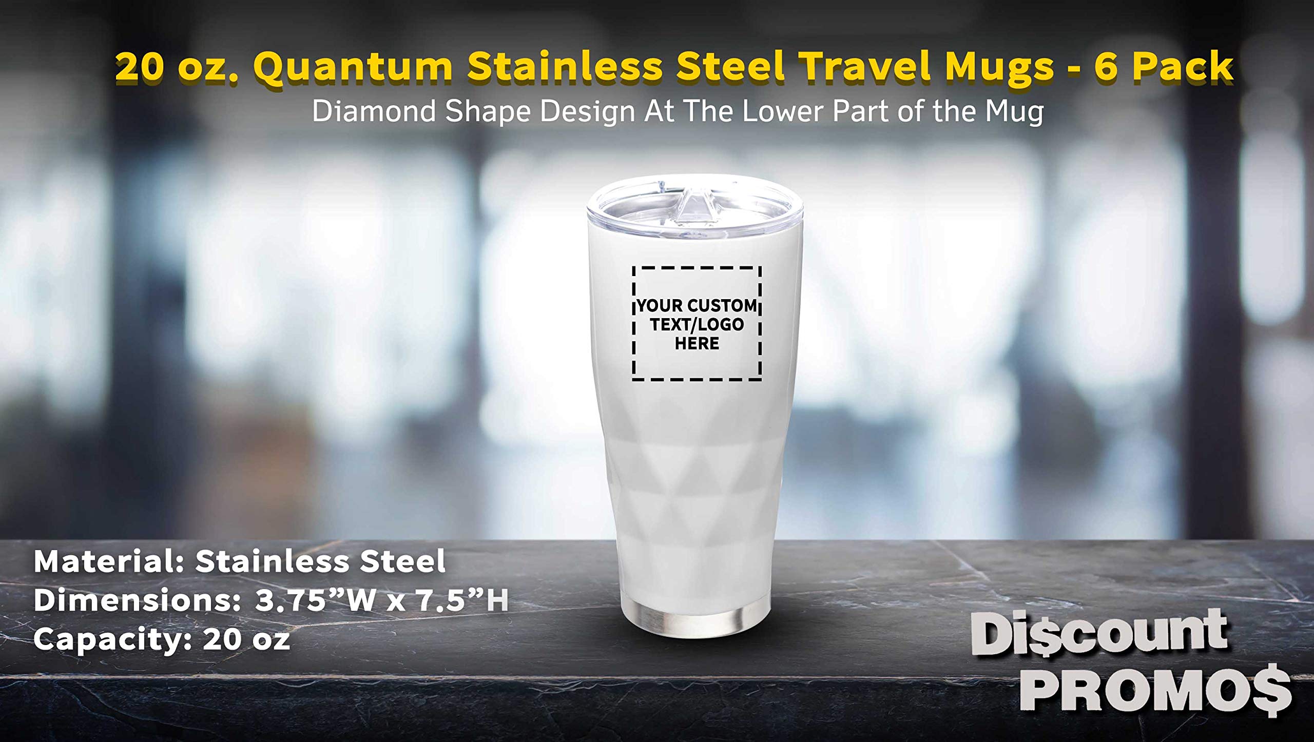 Personalized 20 oz. Quantum Stainless Steel Travel Mugs - 6 pack Custom Text, Logo - White