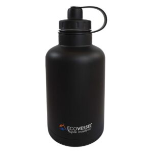 ecovessel vacuum insulated large travel growler bottle for water, beer, and tea - stainless steel 64 oz thermos water bottle with infuser filter and wide mouth dual opening cap boss