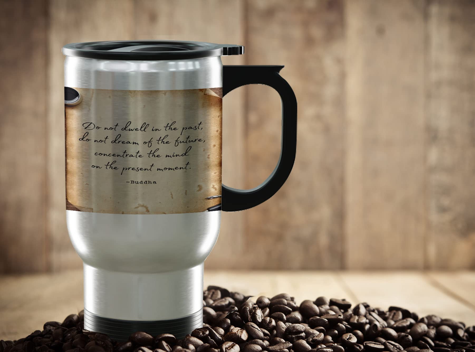 TJ Originals Buddha Quotes Do Not Dwell In The Past Gifts for Her - Vintage Manuscript Graduation Drinkware- 14oz Travel Mug Steel - Best Divorce Gifts Office BFF Gifts for Women Friends