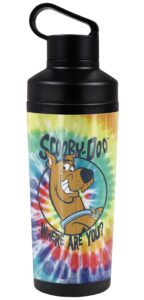 scooby doo! official tie dye 18 oz insulated water bottle, leak resistant, vacuum insulated stainless steel with 2-in-1 loop cap