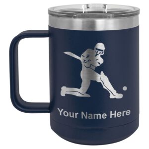lasergram 15oz vacuum insulated coffee mug, cricket player, personalized engraving included (navy blue)