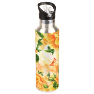 yellow rose water bottle watercolor reusable leak-proof insulated water bottle bpa free stainless steel sport water bottle with straw for fitness outdoor hiking school 600ml