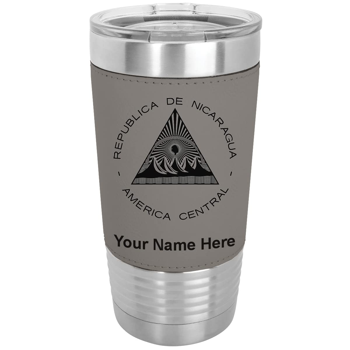 LaserGram 20oz Vacuum Insulated Tumbler Mug, Flag of Nicaragua, Personalized Engraving Included (Faux Leather, Gray)