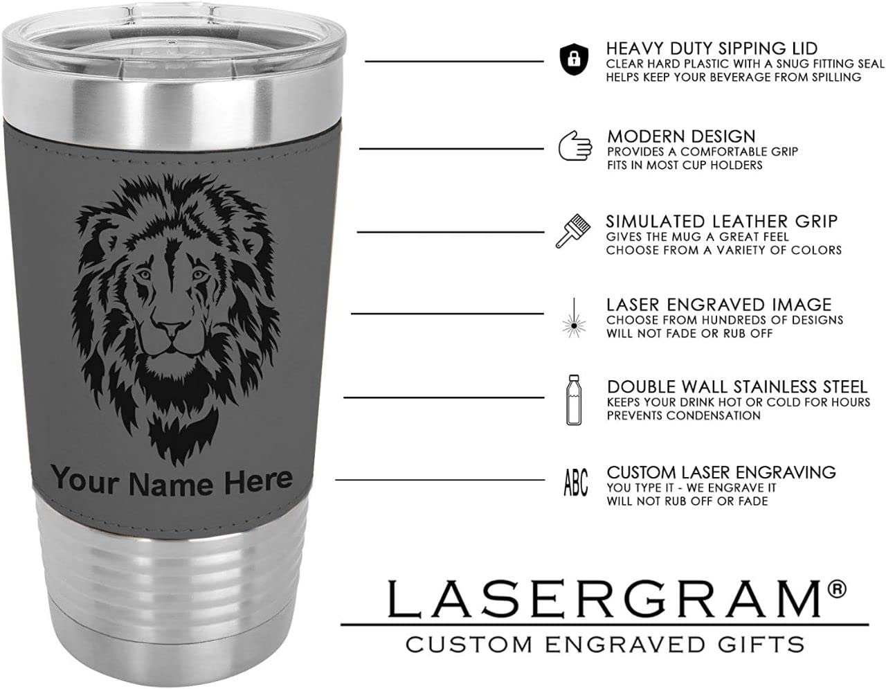 LaserGram 20oz Vacuum Insulated Tumbler Mug, Flag of Nicaragua, Personalized Engraving Included (Faux Leather, Gray)