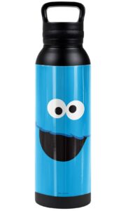 sesame street official cookie monster face 24 oz insulated canteen water bottle, leak resistant, vacuum insulated stainless steel with loop cap