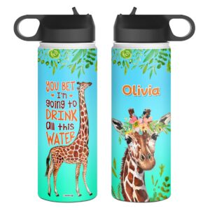 wowcugi personalized giraffe water bottle reminder insulated stainless steel sports travel coffee bottles 12oz 18oz 32oz back to school birthday christmas custom gifts for women kids animal lovers