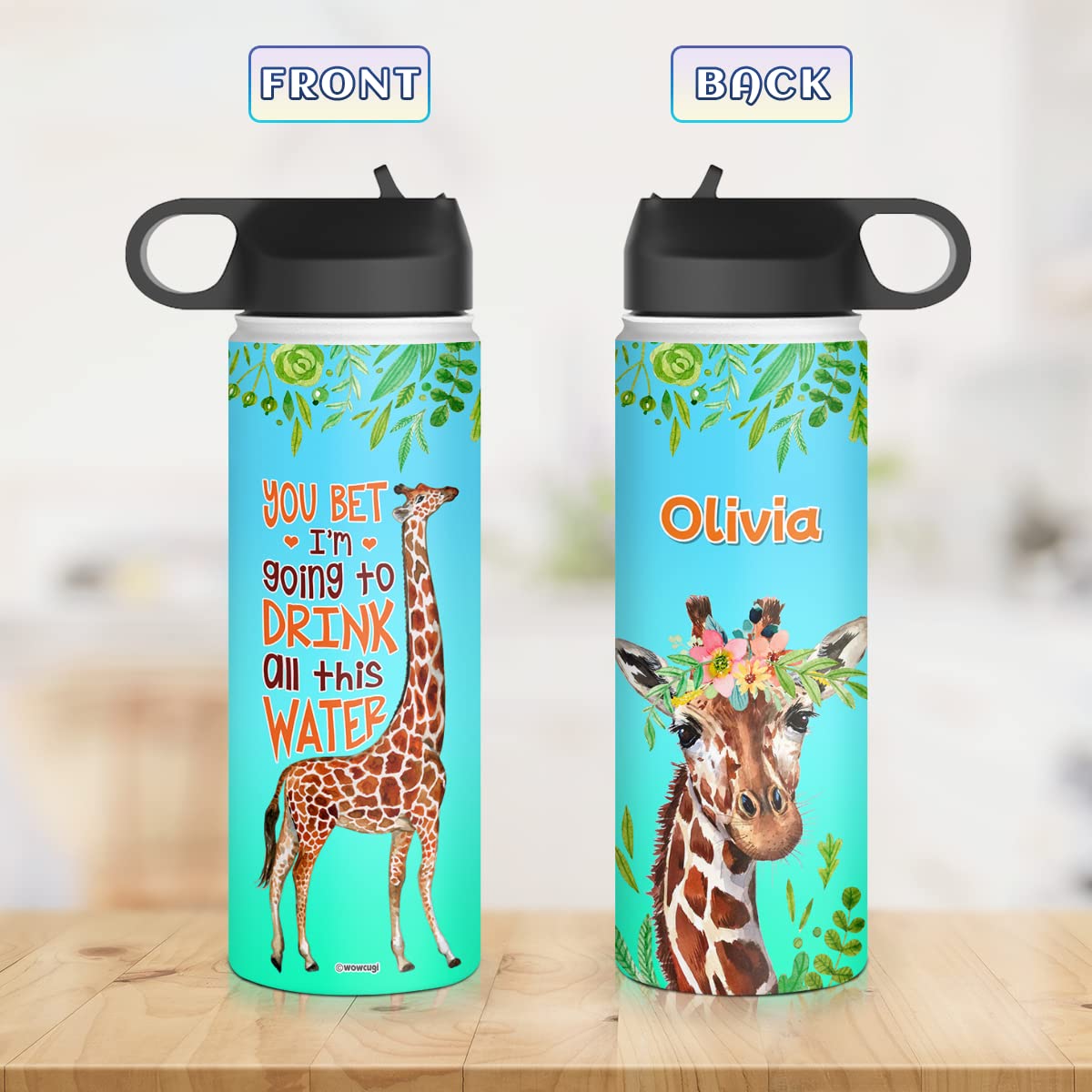 wowcugi Personalized Giraffe Water Bottle Reminder Insulated Stainless Steel Sports Travel Coffee Bottles 12oz 18oz 32oz Back To School Birthday Christmas Custom Gifts for Women Kids Animal Lovers