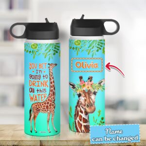 wowcugi Personalized Giraffe Water Bottle Reminder Insulated Stainless Steel Sports Travel Coffee Bottles 12oz 18oz 32oz Back To School Birthday Christmas Custom Gifts for Women Kids Animal Lovers