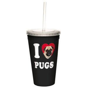 i heart pugs dog double-walled cool travel cup with reusable straw, 16-ounce, tan and black - gift for puppy lovers - tree-free greetings