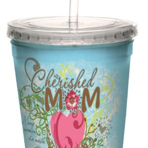 Tree-Free Greetings Cherished Mom: Proverbs 31:29 Artful Traveler Double-Walled Cool Cup with Reusable Straw, 16-Ounce