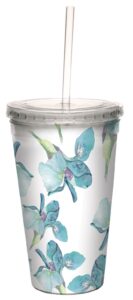 tree-free greetings delicate turquoise watercolor lilies by shell rummel 16 ounce artful double-walled cool cup with reusable straw