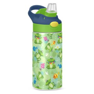 alaza cute cartoon lotus pond frog kids water bottles with lids straw insulated stainless steel water bottles double walled leakproof tumbler travel cup for girls boys toddlers 12 oz / 350 ml,green