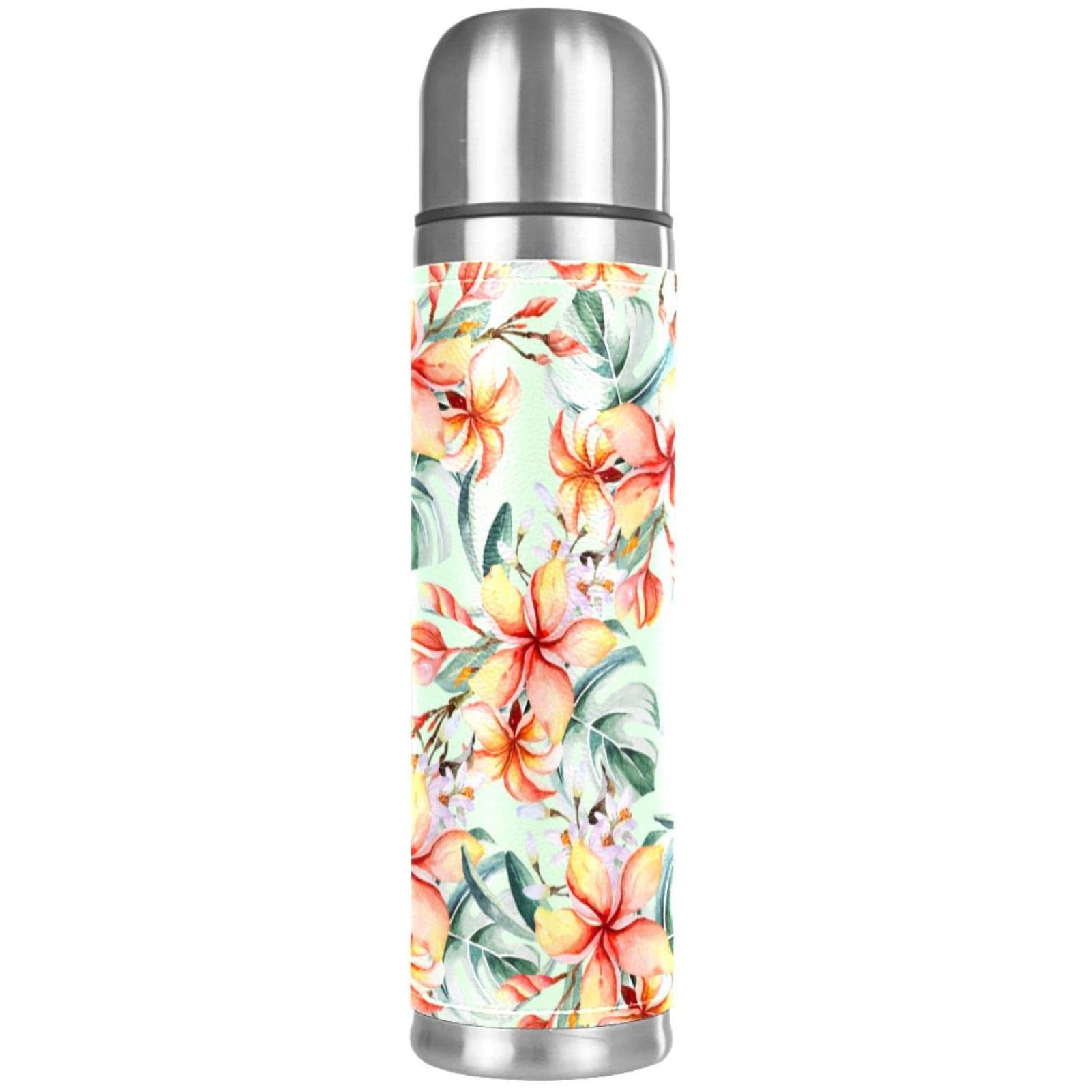 Stainless Steel Leather Vacuum Insulated Mug Tropical Plant Flower Thermos Water Bottle for Hot and Cold Drinks Kids Adults 16 Oz