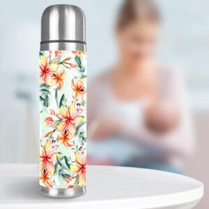 Stainless Steel Leather Vacuum Insulated Mug Tropical Plant Flower Thermos Water Bottle for Hot and Cold Drinks Kids Adults 16 Oz