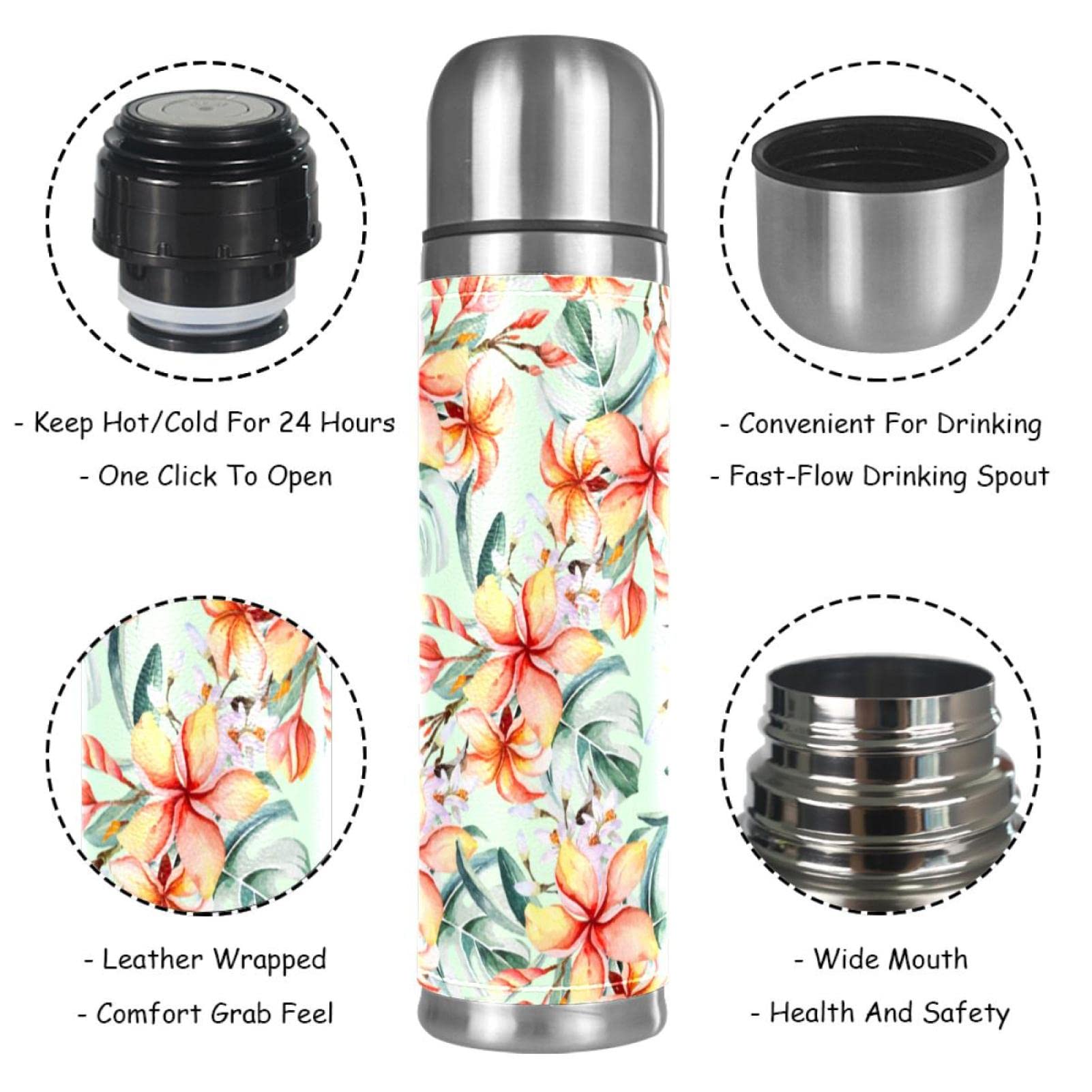 Stainless Steel Leather Vacuum Insulated Mug Tropical Plant Flower Thermos Water Bottle for Hot and Cold Drinks Kids Adults 16 Oz