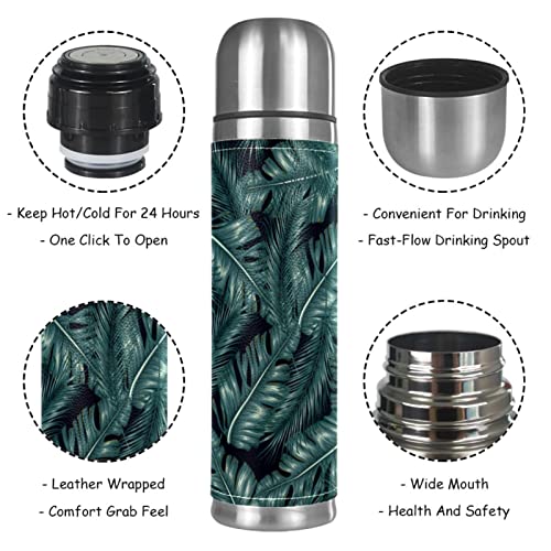 Stainless Steel Leather Vacuum Insulated Mug Tropical Plants Thermos Water Bottle for Hot and Cold Drinks Kids Adults 16 Oz