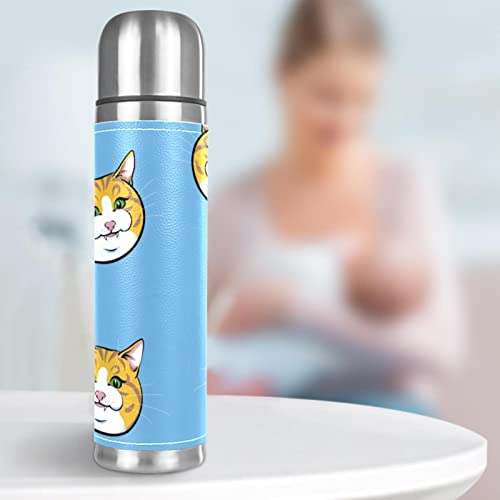 Stainless Steel Leather Vacuum Insulated Mug Cat Thermos Water Bottle for Hot and Cold Drinks Kids Adults 16 Oz