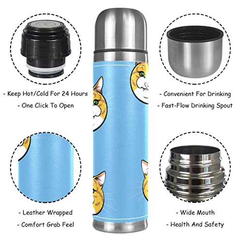 Stainless Steel Leather Vacuum Insulated Mug Cat Thermos Water Bottle for Hot and Cold Drinks Kids Adults 16 Oz