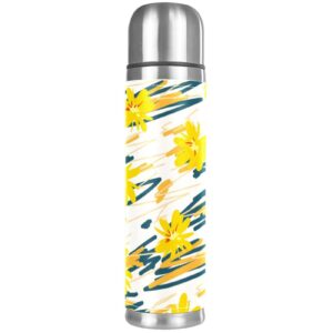 stainless steel leather vacuum insulated mug yellow flower thermos water bottle for hot and cold drinks kids adults 16 oz