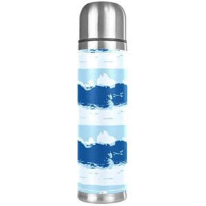 stainless steel leather vacuum insulated mug blue wave thermos water bottle for hot and cold drinks kids adults 16 oz