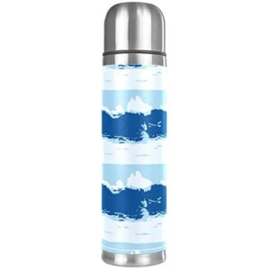 Stainless Steel Leather Vacuum Insulated Mug Blue Wave Thermos Water Bottle for Hot and Cold Drinks Kids Adults 16 Oz