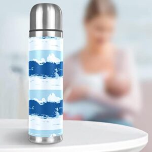 Stainless Steel Leather Vacuum Insulated Mug Blue Wave Thermos Water Bottle for Hot and Cold Drinks Kids Adults 16 Oz