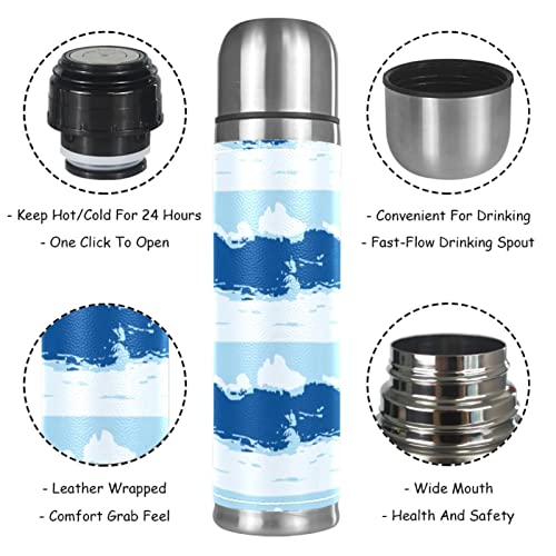 Stainless Steel Leather Vacuum Insulated Mug Blue Wave Thermos Water Bottle for Hot and Cold Drinks Kids Adults 16 Oz