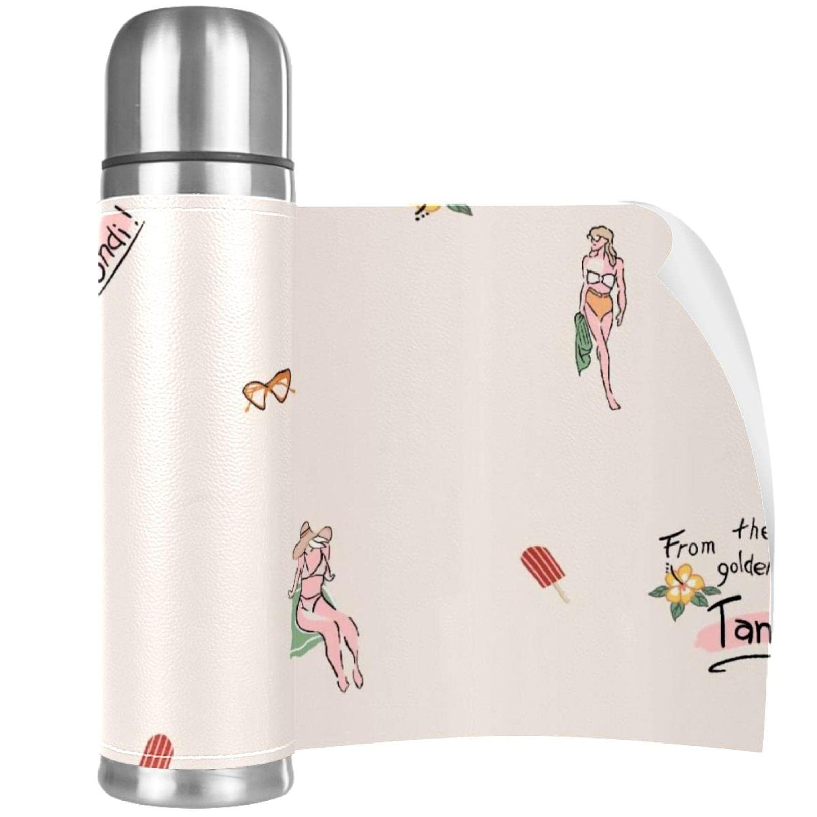 Stainless Steel Leather Vacuum Insulated Mug Beach Girl Thermos Water Bottle for Hot and Cold Drinks Kids Adults 16 Oz