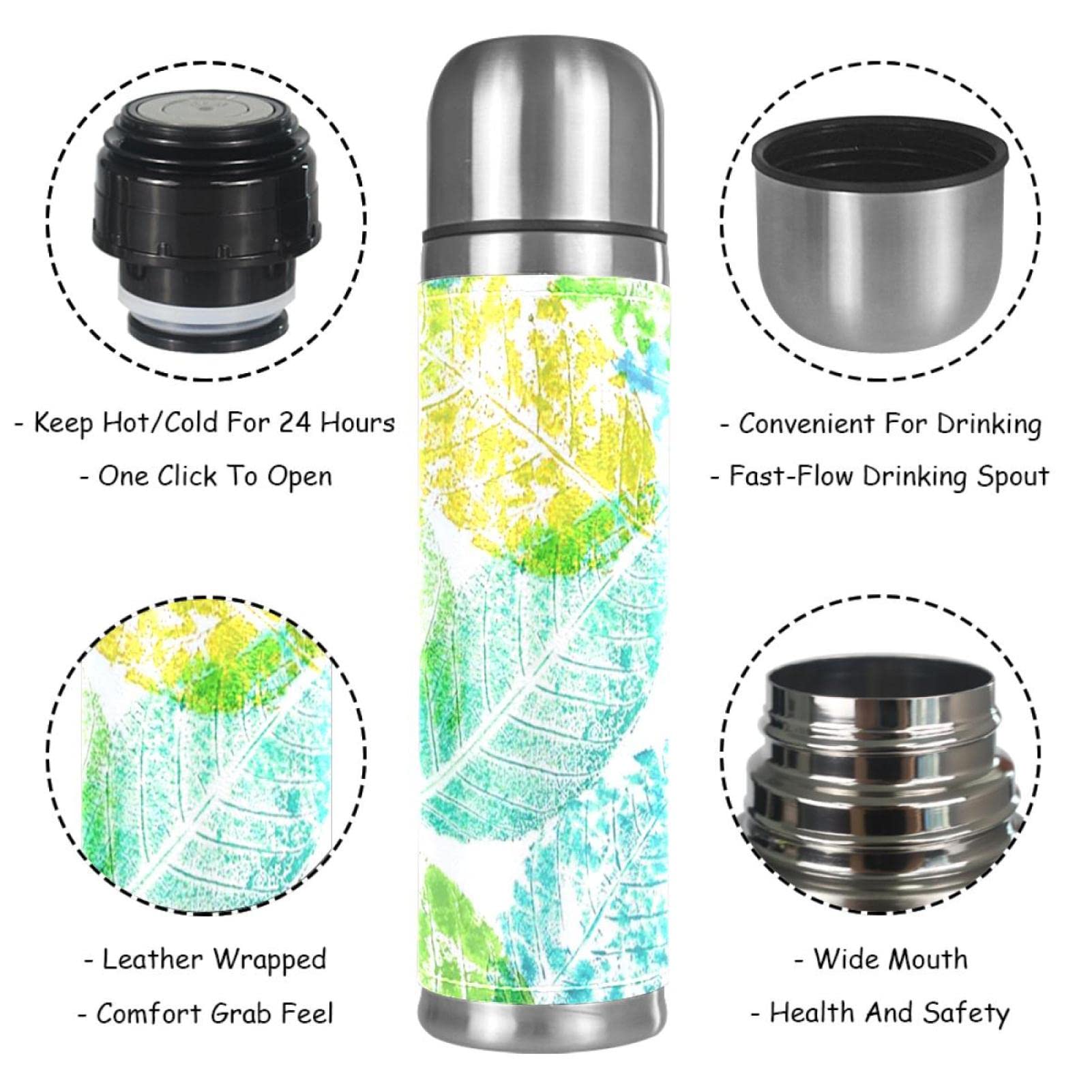 Stainless Steel Leather Vacuum Insulated Mug Leaves Thermos Water Bottle for Hot and Cold Drinks Kids Adults 16 Oz