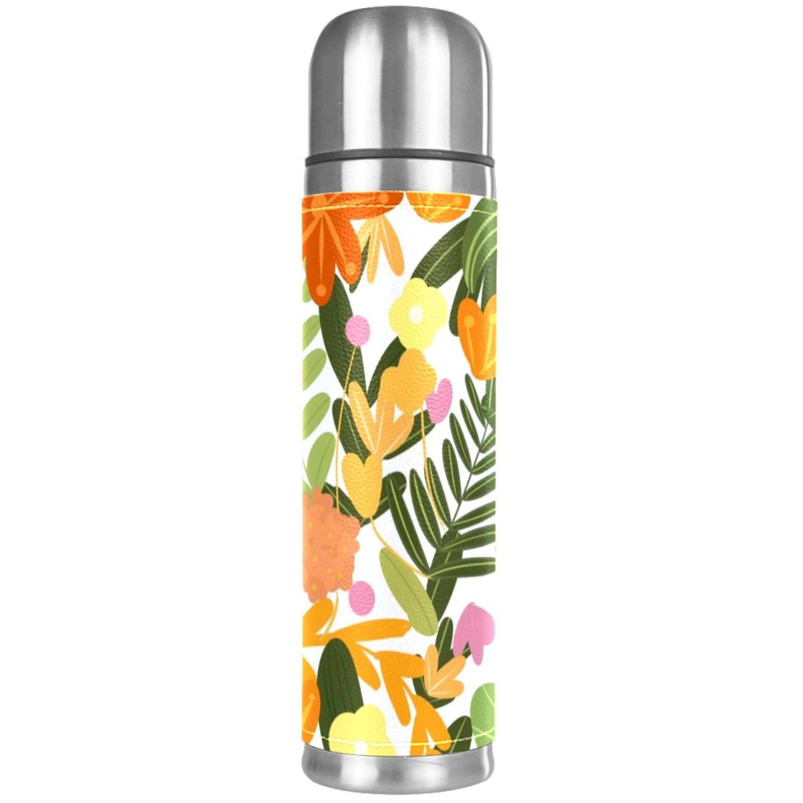 Stainless Steel Leather Vacuum Insulated Mug Flower Thermos Water Bottle for Hot and Cold Drinks Kids Adults 16 Oz