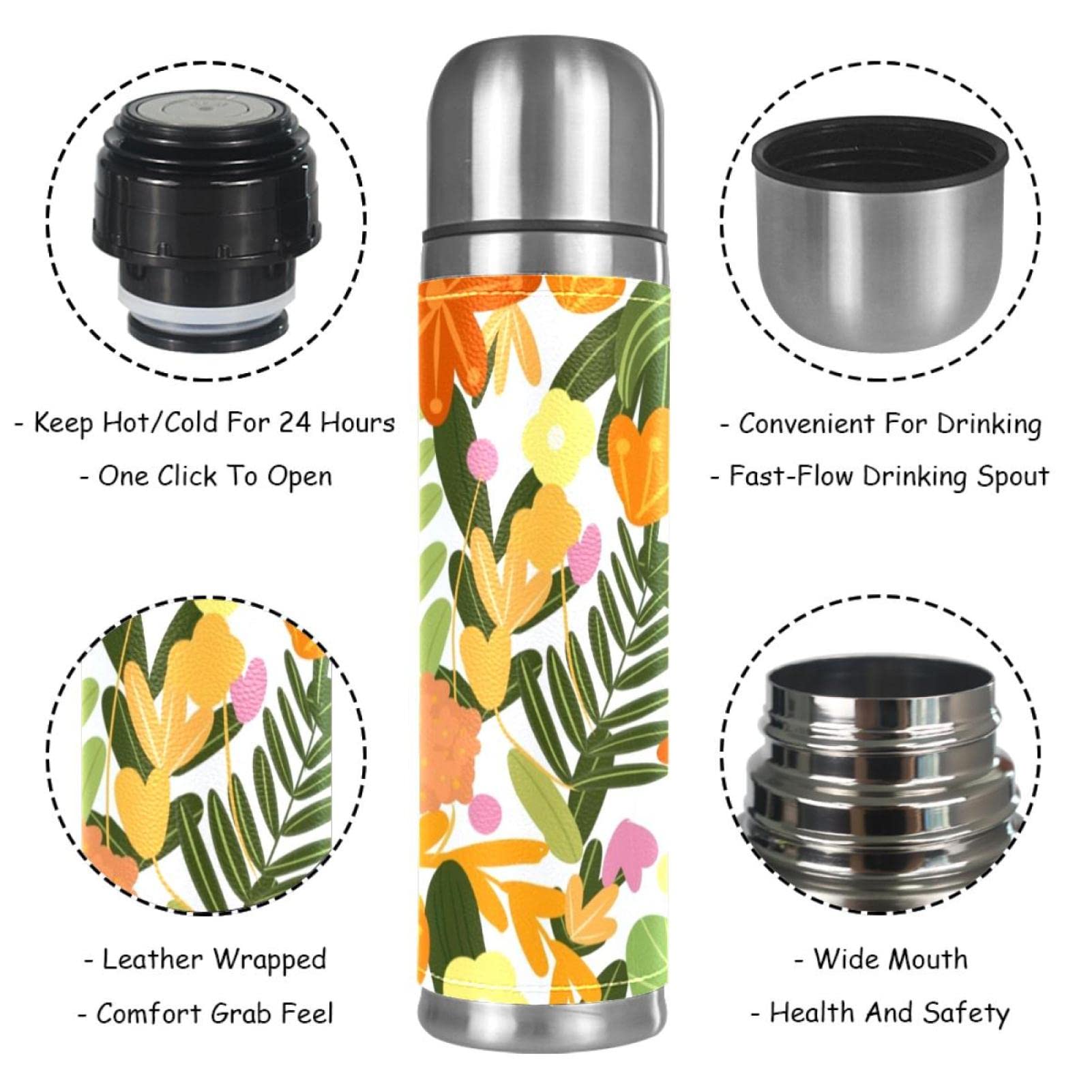 Stainless Steel Leather Vacuum Insulated Mug Flower Thermos Water Bottle for Hot and Cold Drinks Kids Adults 16 Oz