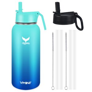 vmini water bottle with new wide handle straw lid, wide mouth vacuum insulated 18/8 stainless steel, 4 straws and 2 brushes, 32 oz, gradient mint + blue