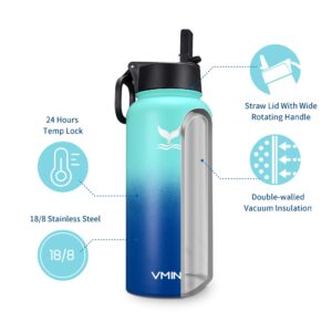 Vmini Water Bottle with New Wide Handle Straw Lid, Wide Mouth Vacuum Insulated 18/8 Stainless Steel, 4 Straws and 2 Brushes, 32 oz, Gradient Mint + Blue