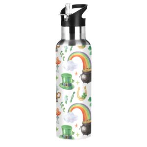 st. patrick's shamrock leprechaun hat, pot of gold, rainbow on white stainless steel water bottle, leak-proof vacuum hot cold insulated mug, double walled with handle cup bottle 33.8 oz