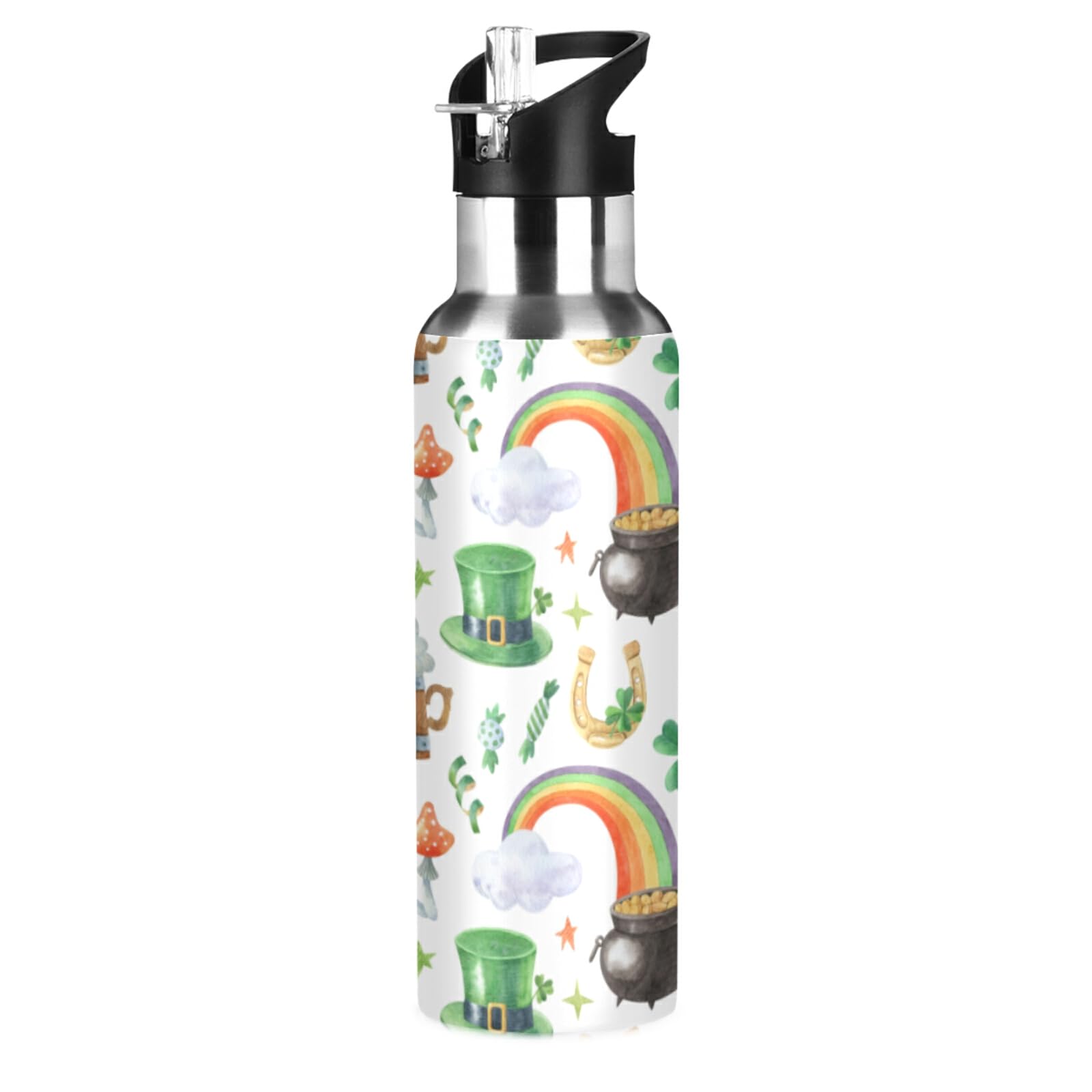 St. Patrick's Shamrock Leprechaun Hat, Pot of Gold, Rainbow on White Stainless Steel Water Bottle, Leak-Proof Vacuum Hot Cold Insulated Mug, Double Walled with Handle Cup Bottle 33.8 Oz