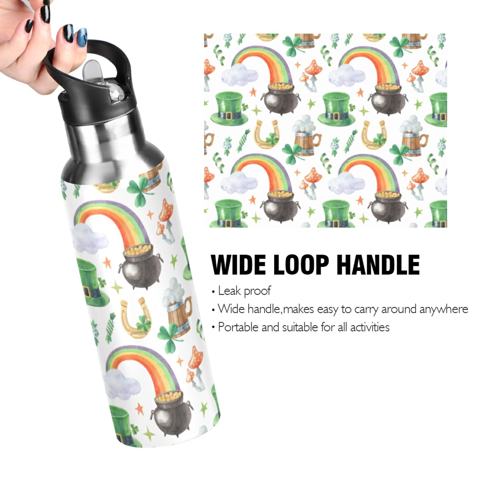 St. Patrick's Shamrock Leprechaun Hat, Pot of Gold, Rainbow on White Stainless Steel Water Bottle, Leak-Proof Vacuum Hot Cold Insulated Mug, Double Walled with Handle Cup Bottle 33.8 Oz